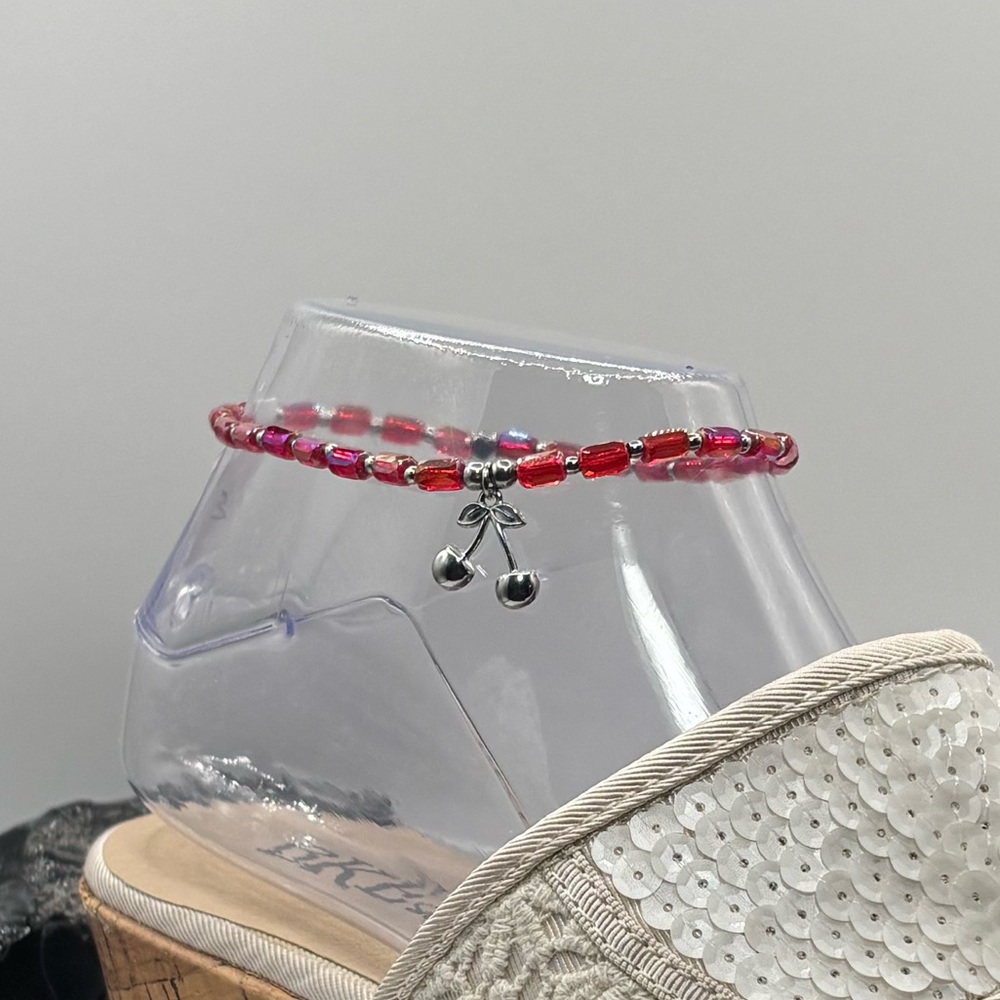 *ANKLET* Silver Cherries with AB Red Stretchy Anklet - Picture 4 of 7